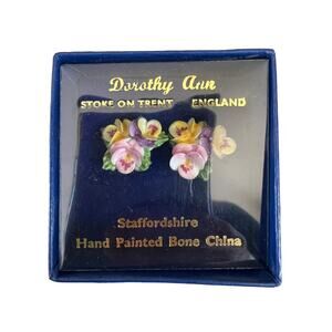 Vintage Pansy Flower clip earrings bone chain Dorothy Ann Staffordshire England